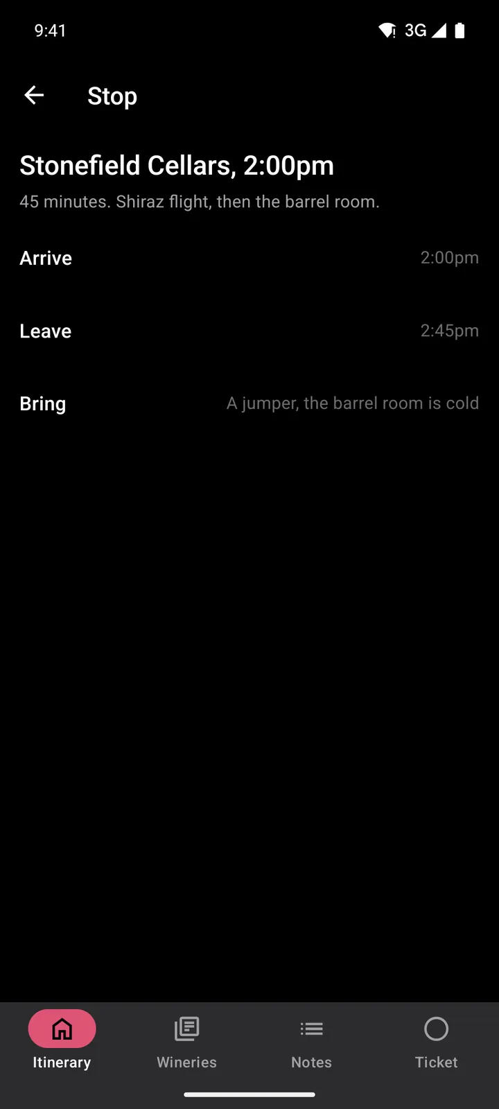 Vine & Valley Tours: Stop on Android, dark