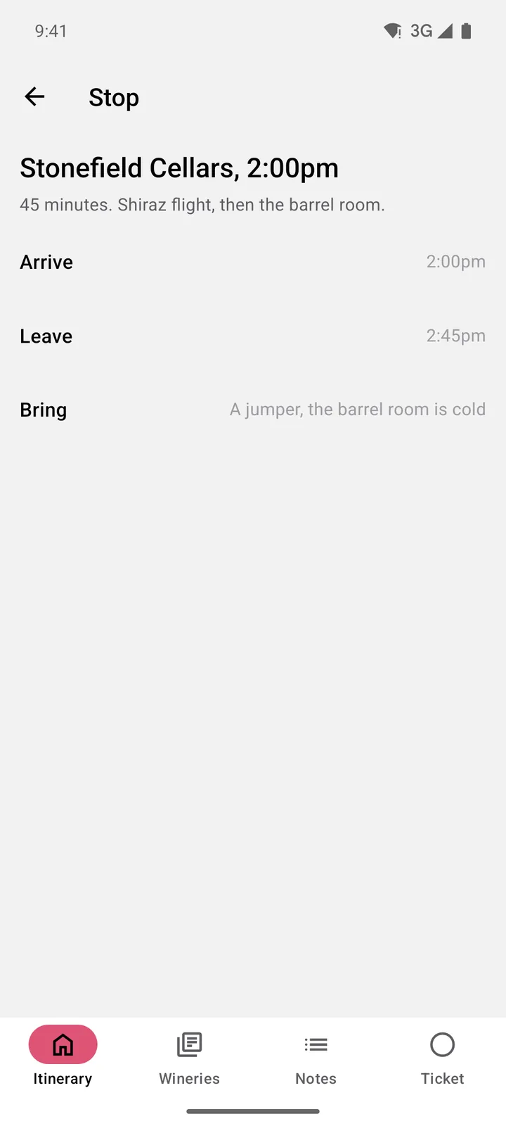 Vine & Valley Tours: Stop on Android, light