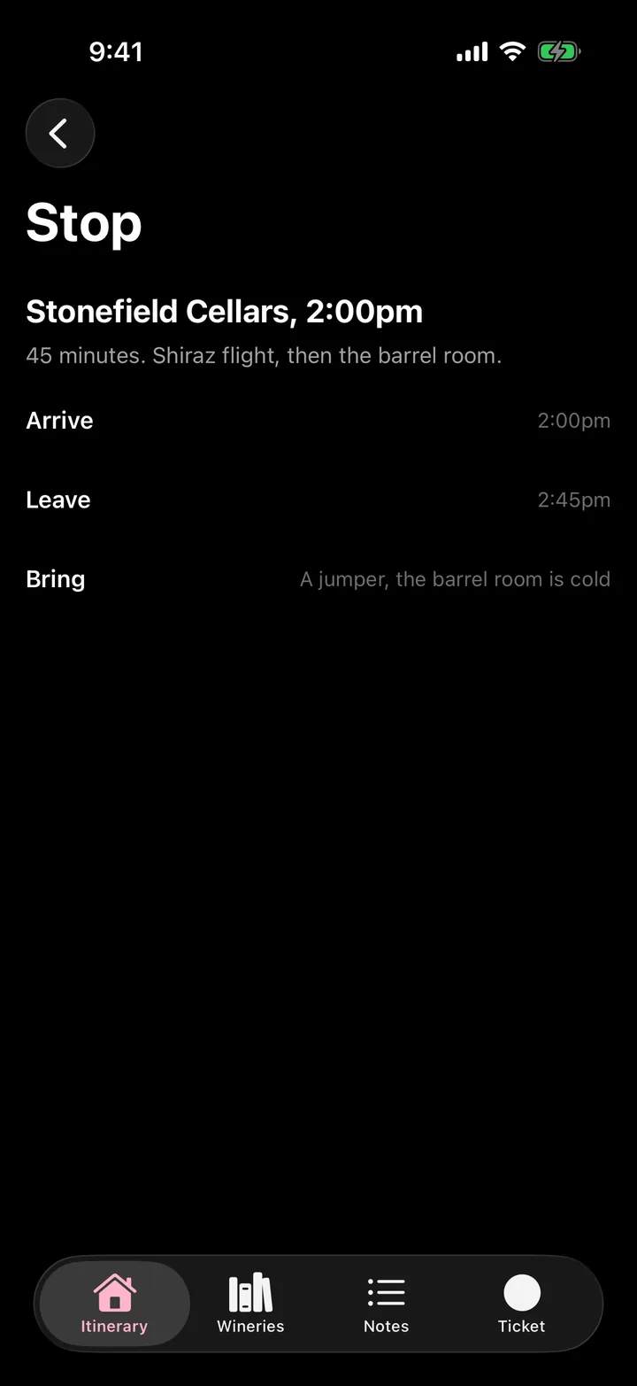 Vine & Valley Tours: Stop on iOS, dark