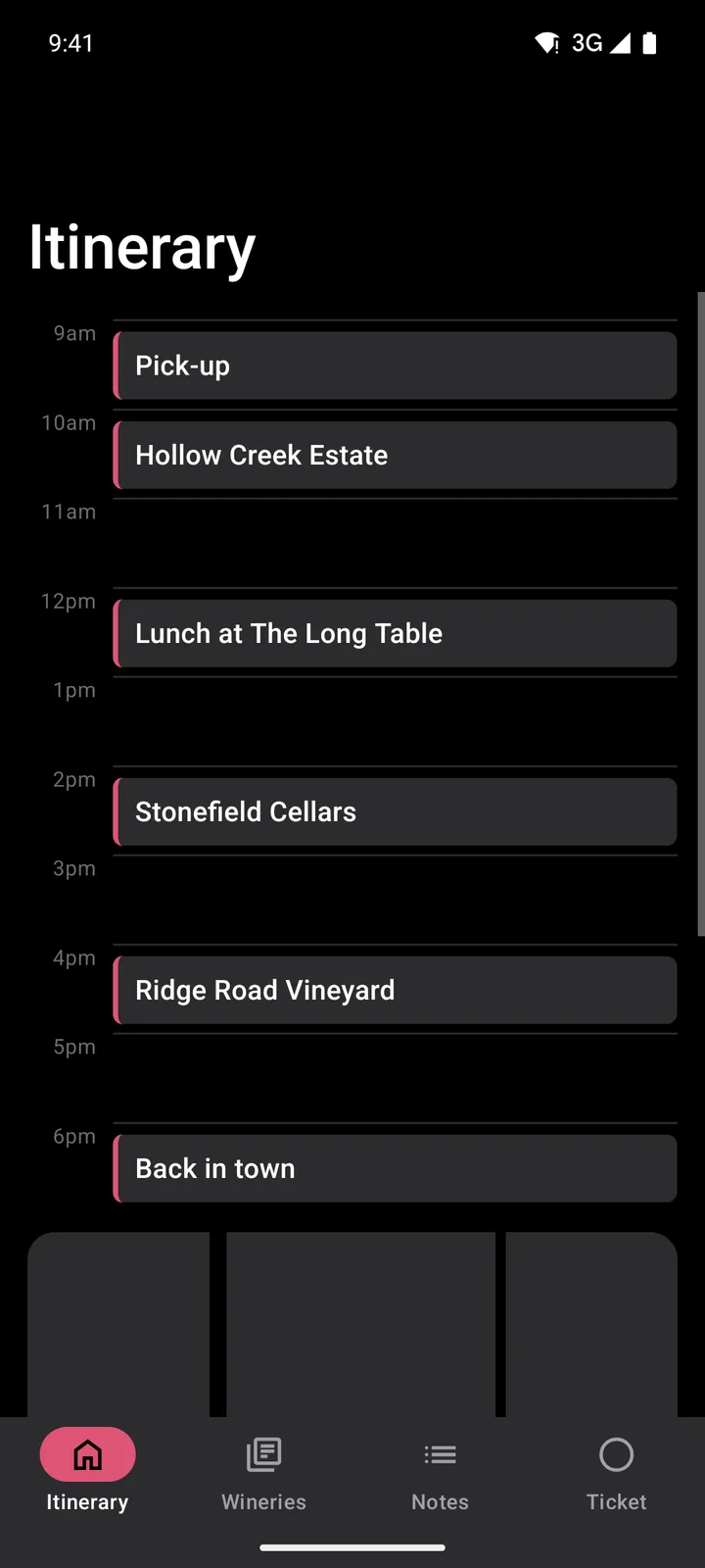 Vine & Valley Tours: Itinerary on Android, dark