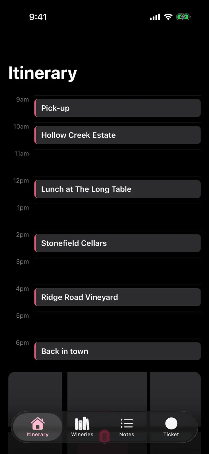 Vine & Valley Tours: Itinerary on iOS, dark
