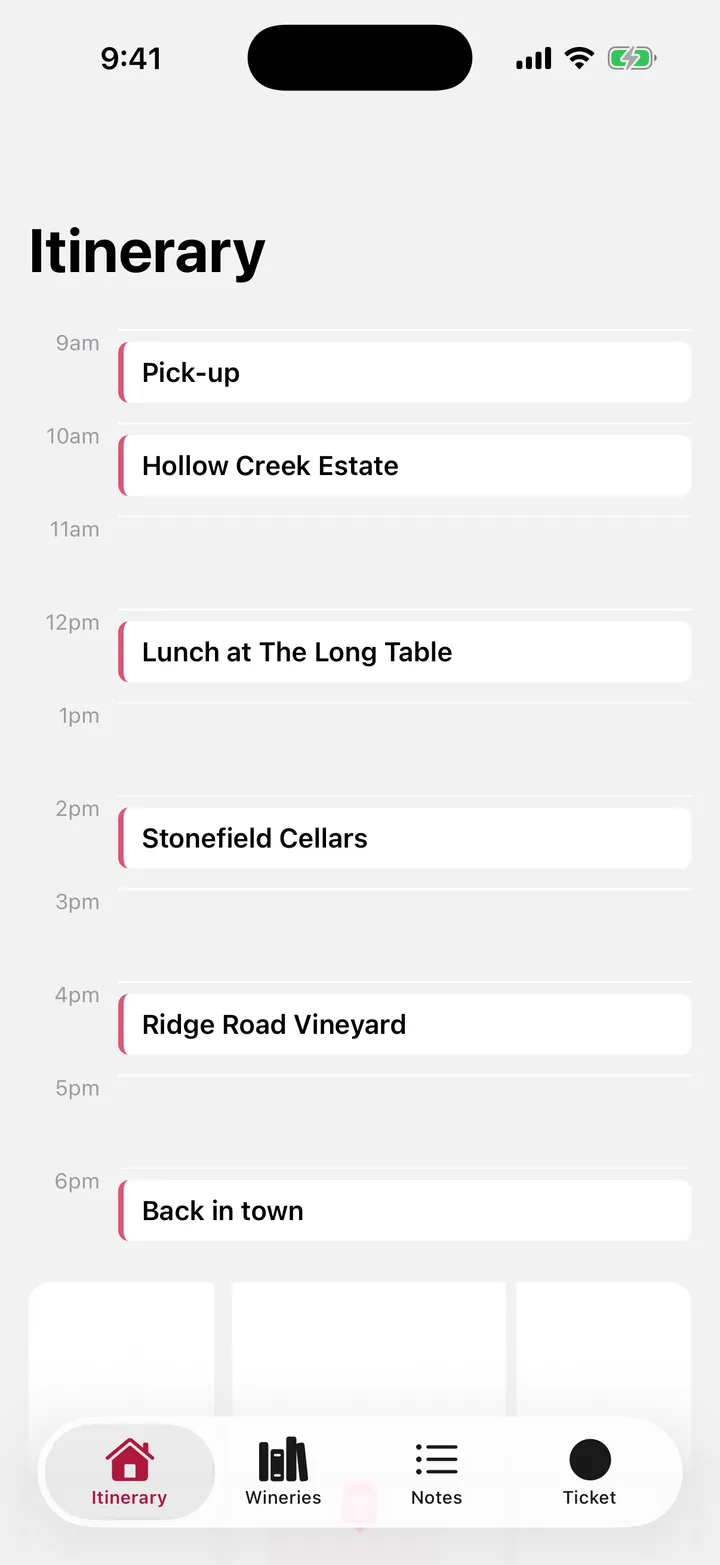 Vine & Valley Tours: Itinerary on iOS