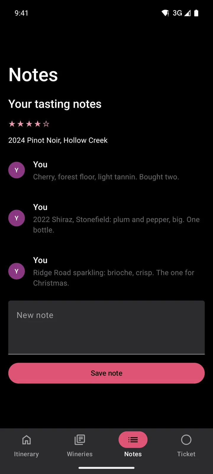 Vine & Valley Tours: Notes on Android, dark