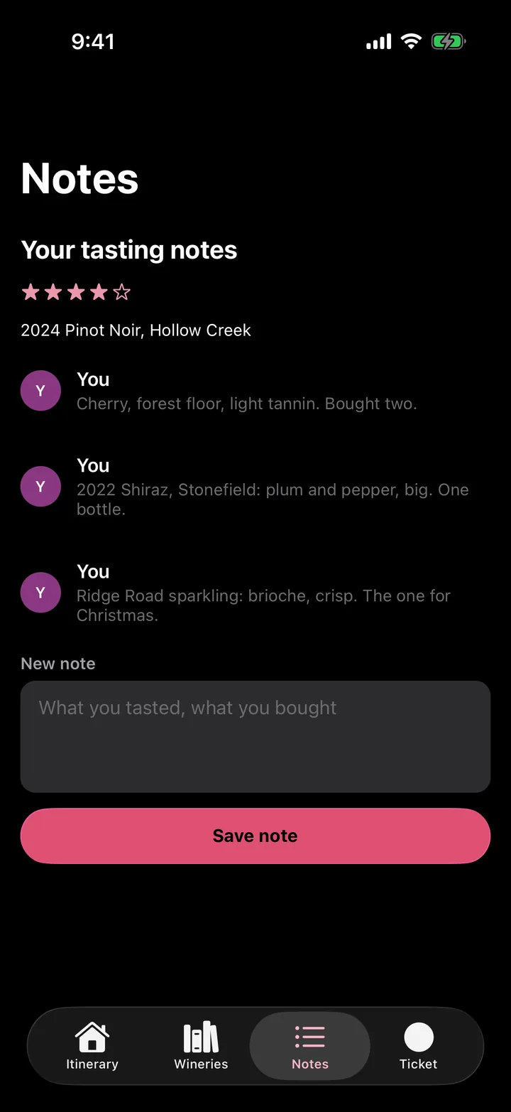 Vine & Valley Tours: Notes on iOS, dark