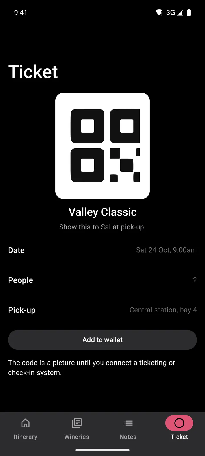 Vine & Valley Tours: Ticket on Android, dark
