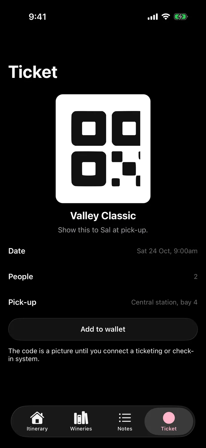 Vine & Valley Tours: Ticket on iOS, dark