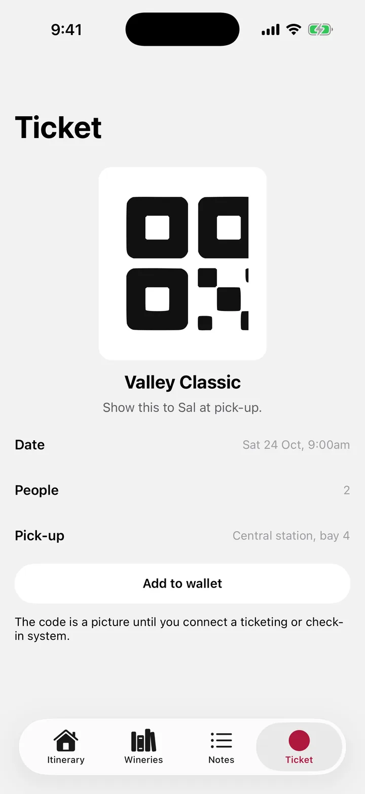 Vine & Valley Tours: Ticket on iOS, light