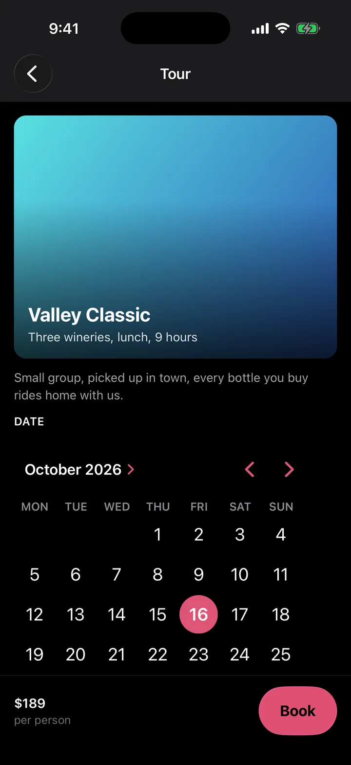 Vine & Valley Tours: Tour on iOS, dark