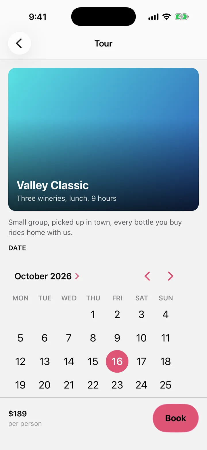 Vine & Valley Tours: Tour on iOS, light