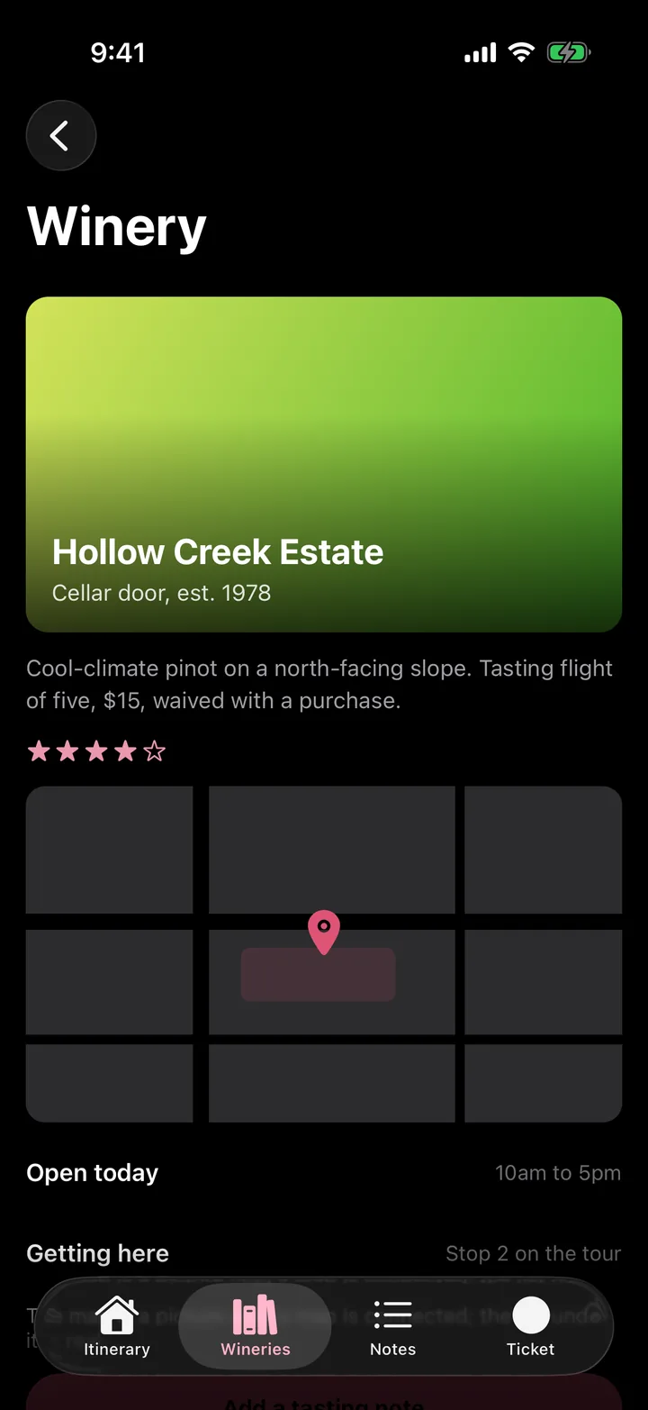 Vine & Valley Tours: Winery on iOS, dark