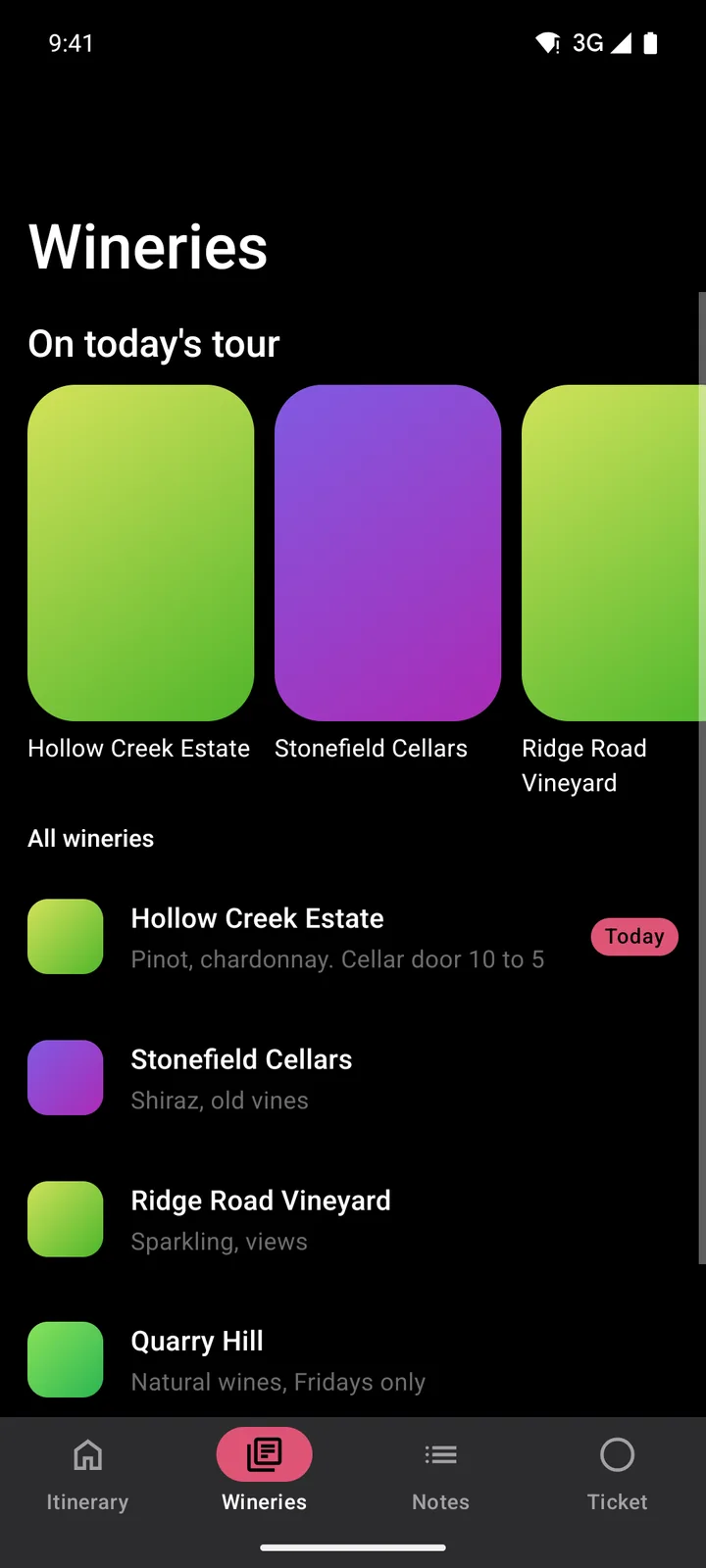 Vine & Valley Tours: Wineries on Android, dark