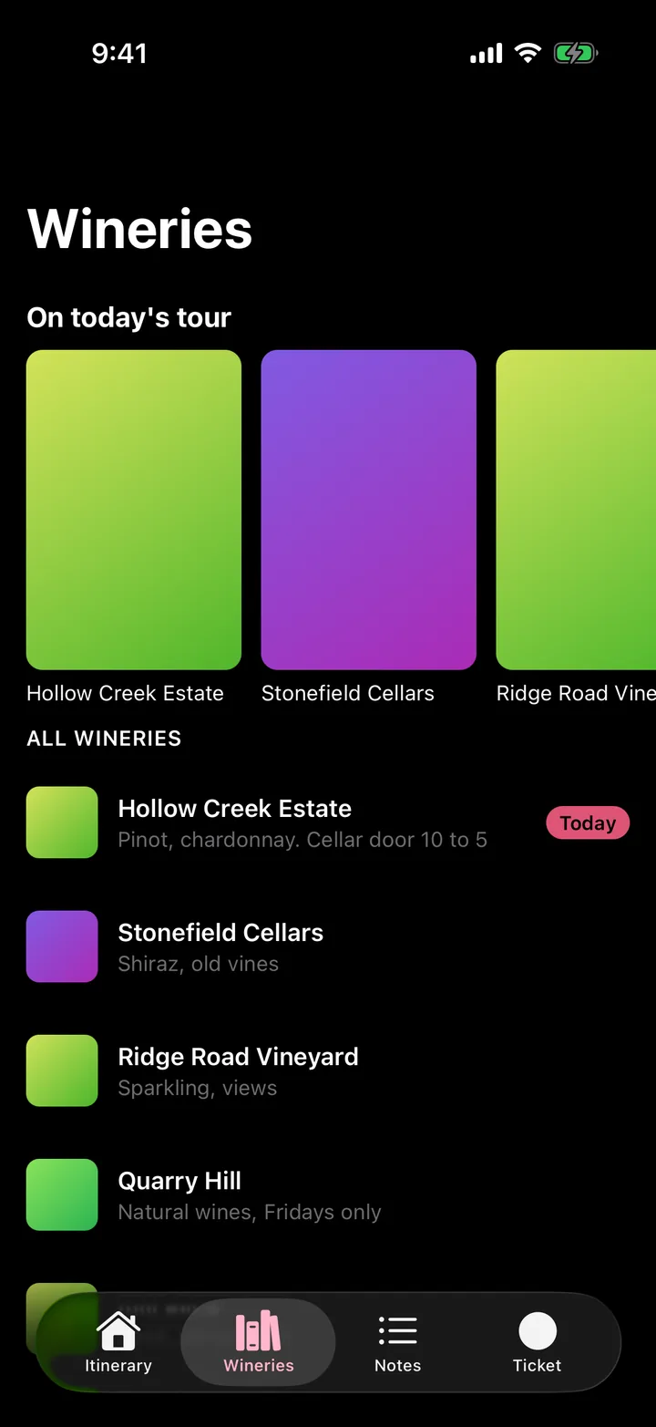 Vine & Valley Tours: Wineries on iOS, dark