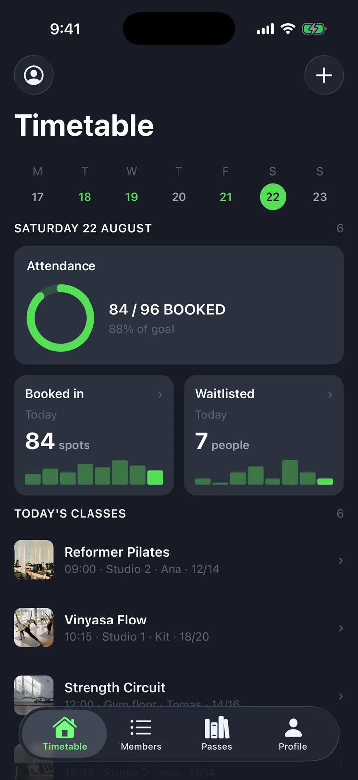 Members & classes: Timetable on iOS