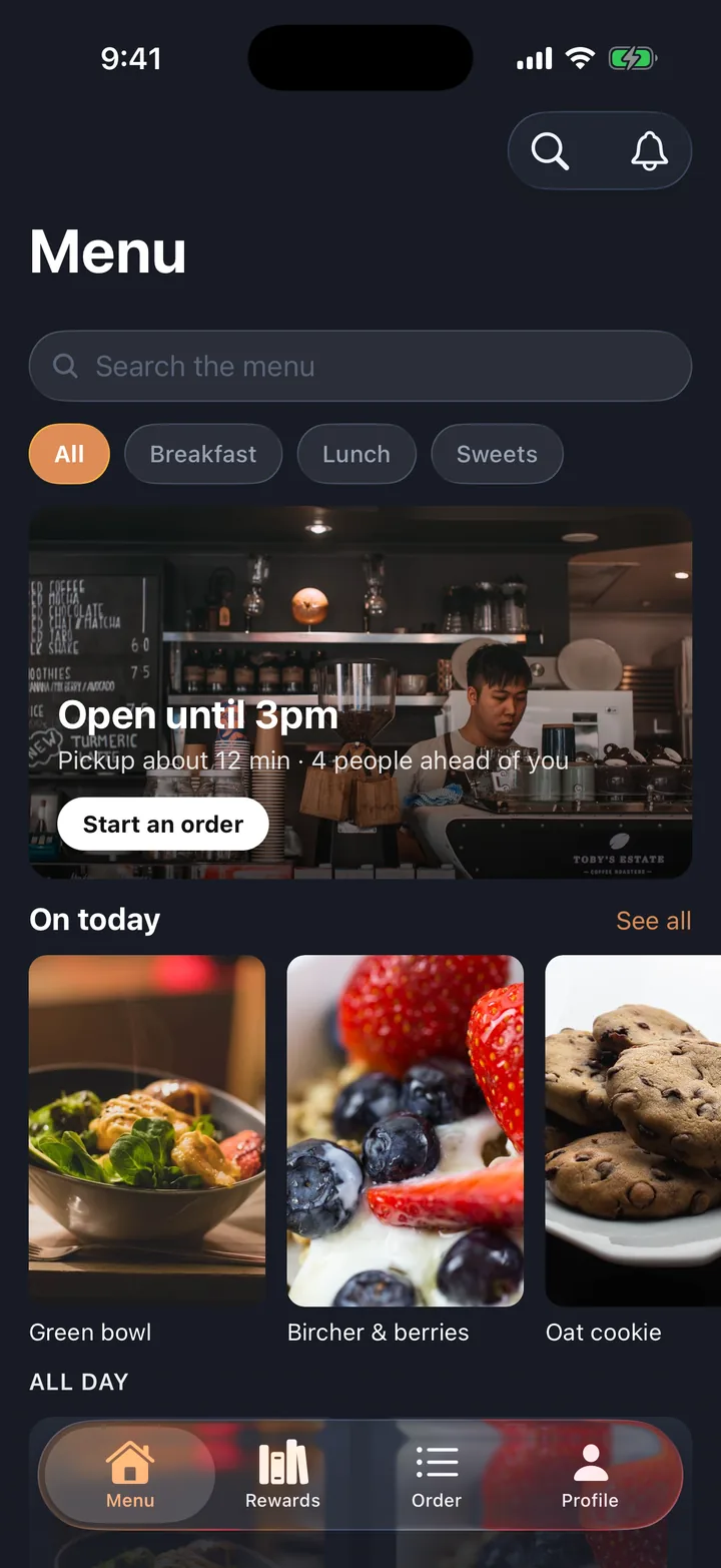 Orders & menu: Menu on iOS