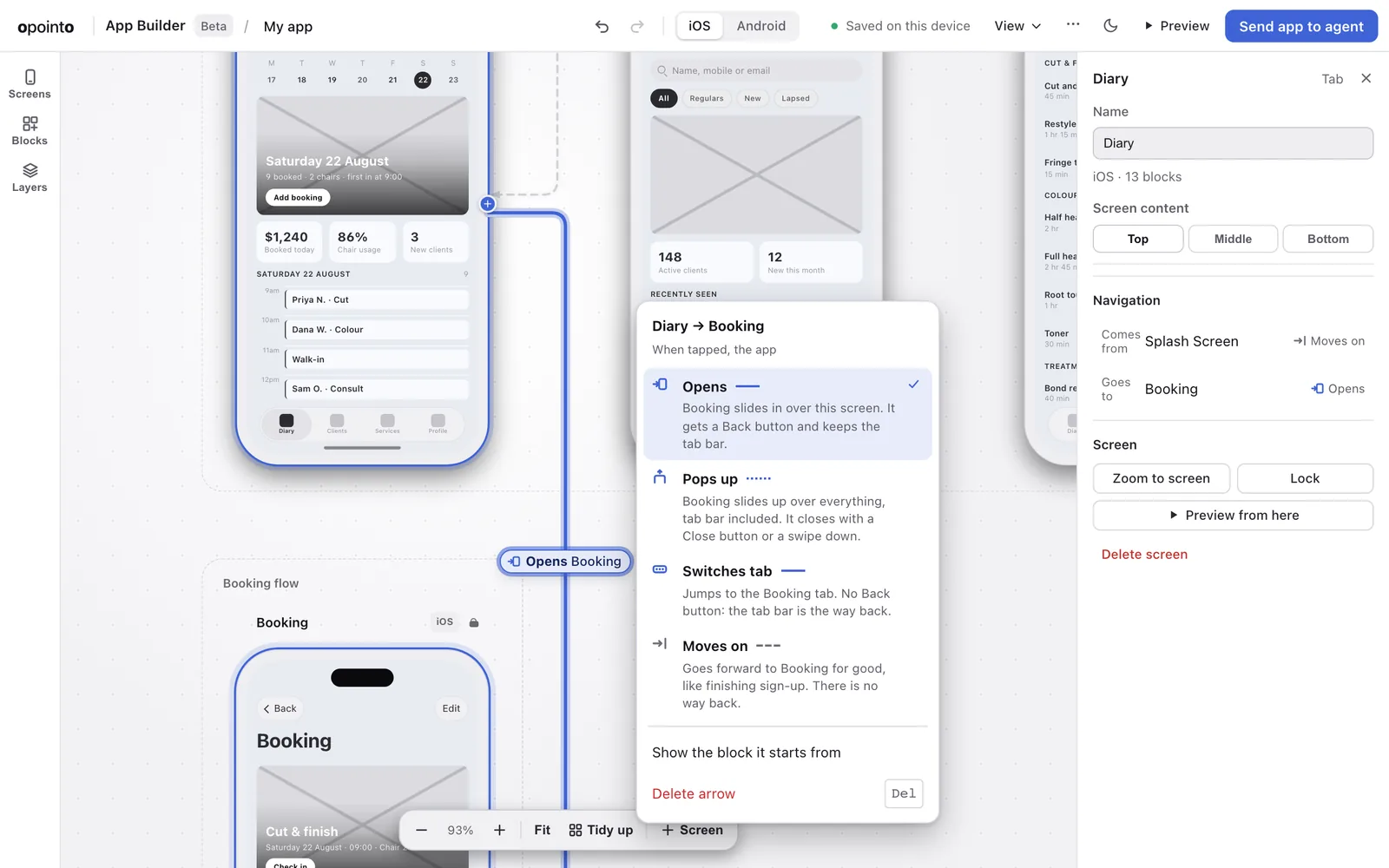 The App Builder's arrow menu for an arrow from Diary to Booking, offering Opens, Pops up, Switches tab and Moves on, each with a sentence on what it builds